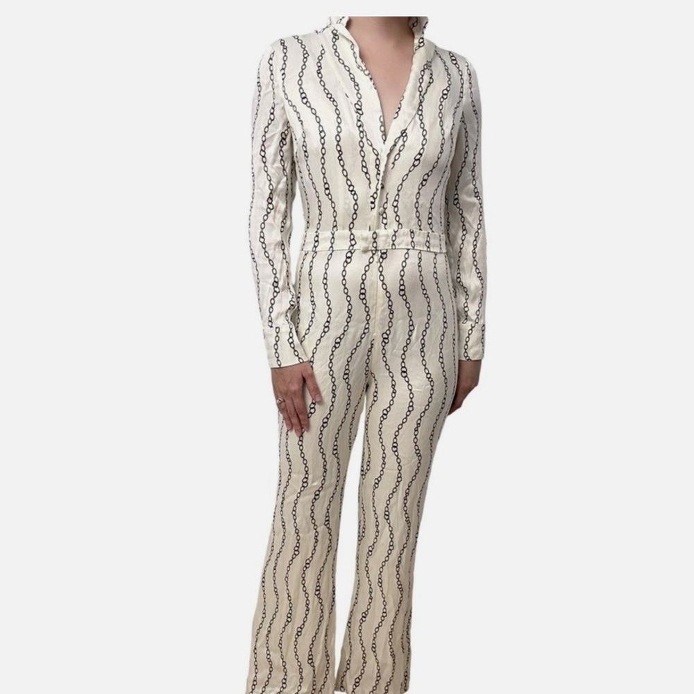 Alexis Cream Sheath jumpsuit with Notched Collar and Cuffed Sleeves